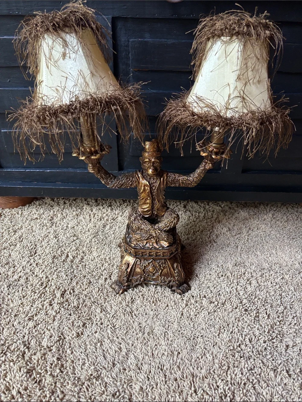 Ornate Gold Monkey Double-Arm Table Lamp with Fringe Shades